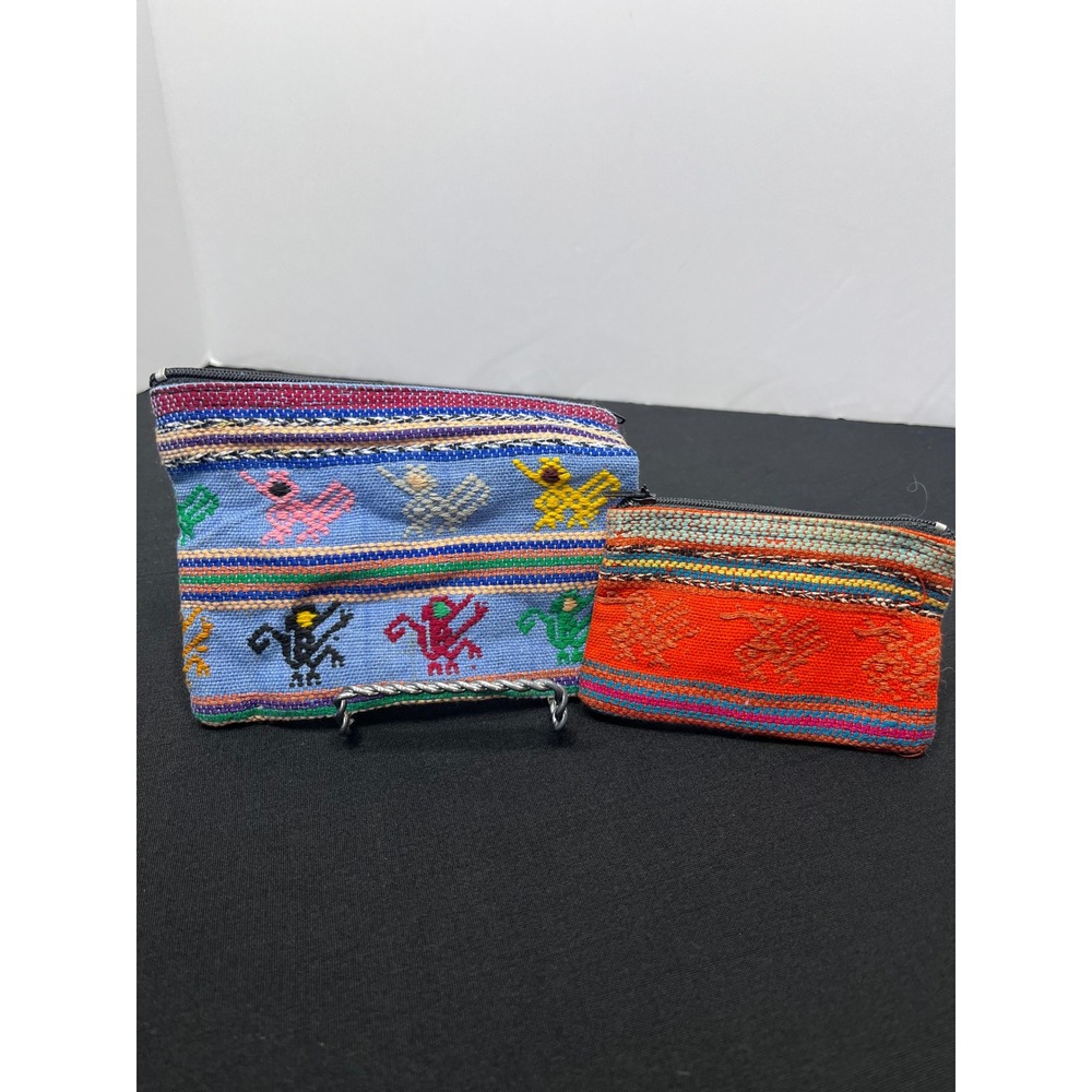 Handmade Woven Textile Coin Purse Set 2pc Blue Orange Mayan Folk Art Bird Pouch